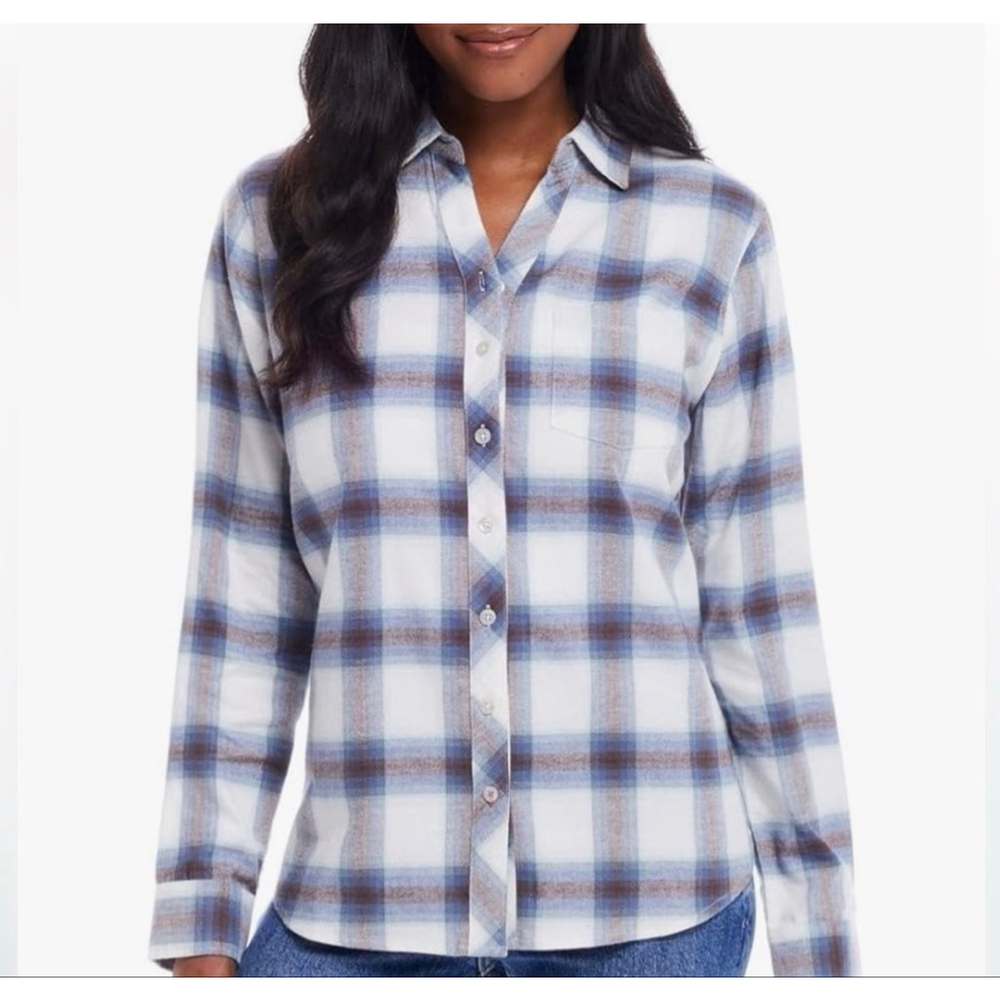 Weatherproof Vintage Stretch Plaid Button Down Shirt XL White Blue